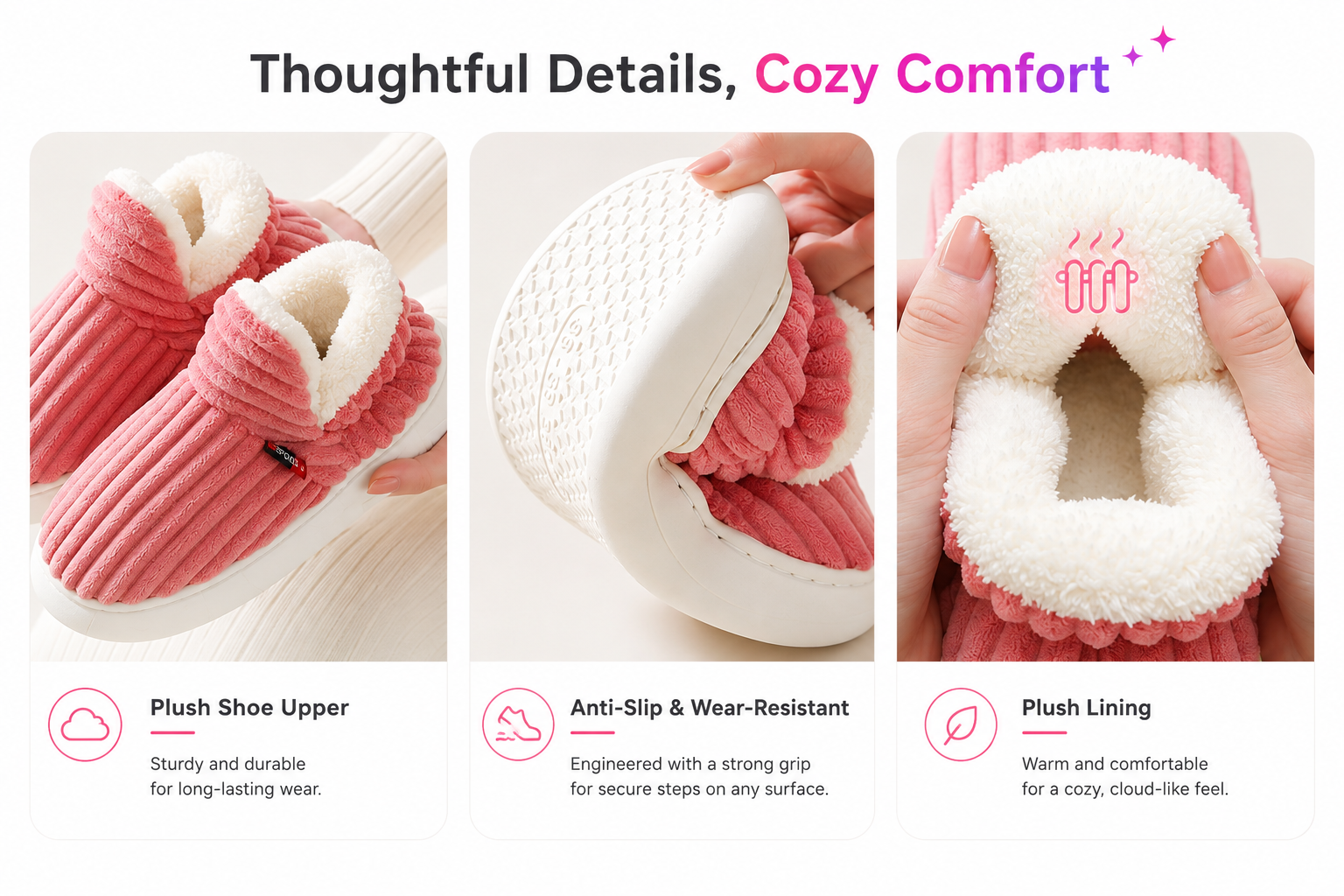 Cozy Bootz detail collage showing plush upper, anti-slip sole, and soft lining